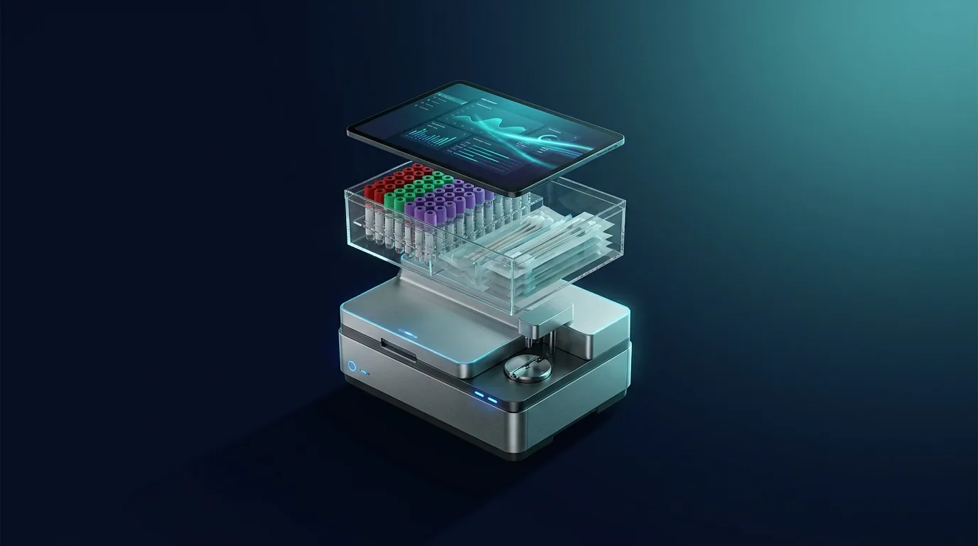 Layered visualization of the Pro-Lab Healthcare Operating System: clinical lab analyzer, collection kits, and a software dashboard, stacked together
