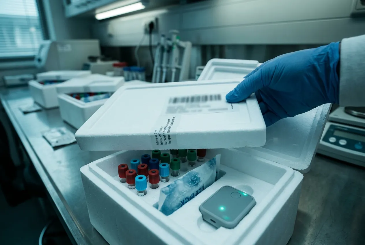 Gloved hand sealing a clinical-trial sample shipping kit containing color-capped sample tubes, an ice pack, and a wireless temperature data logger