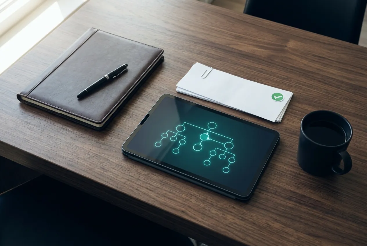 Executive desk with leather portfolio, document stack with green checkmark, and a tablet displaying a teal compliance flow diagram