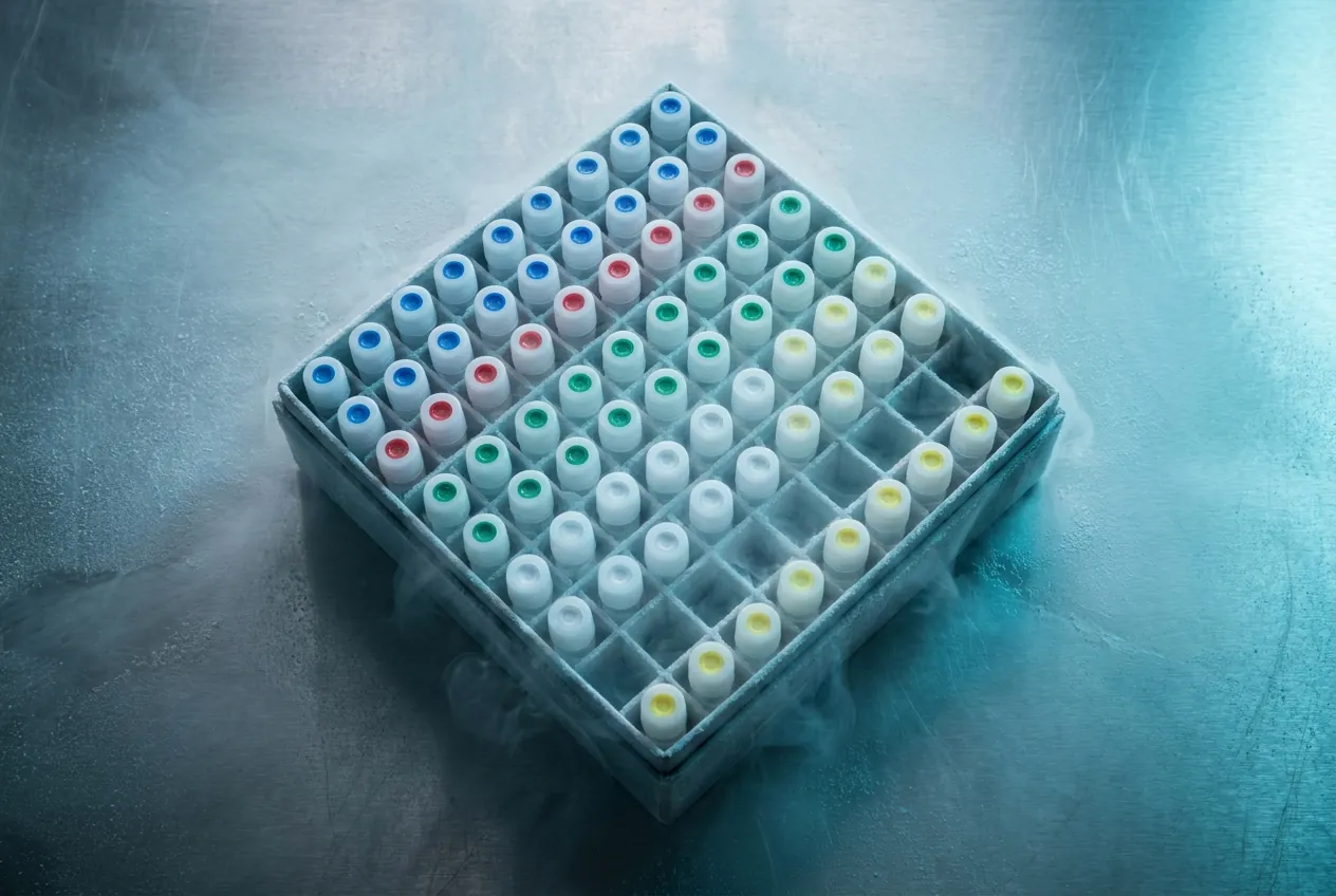 A cryostorage box of color-coded vials with vapor from a freshly opened freezer