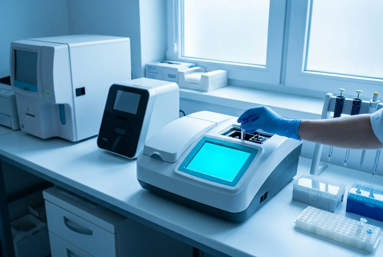 Modern physician office laboratory with chemistry analyzer, hematology analyzer, and a gloved hand loading a sample