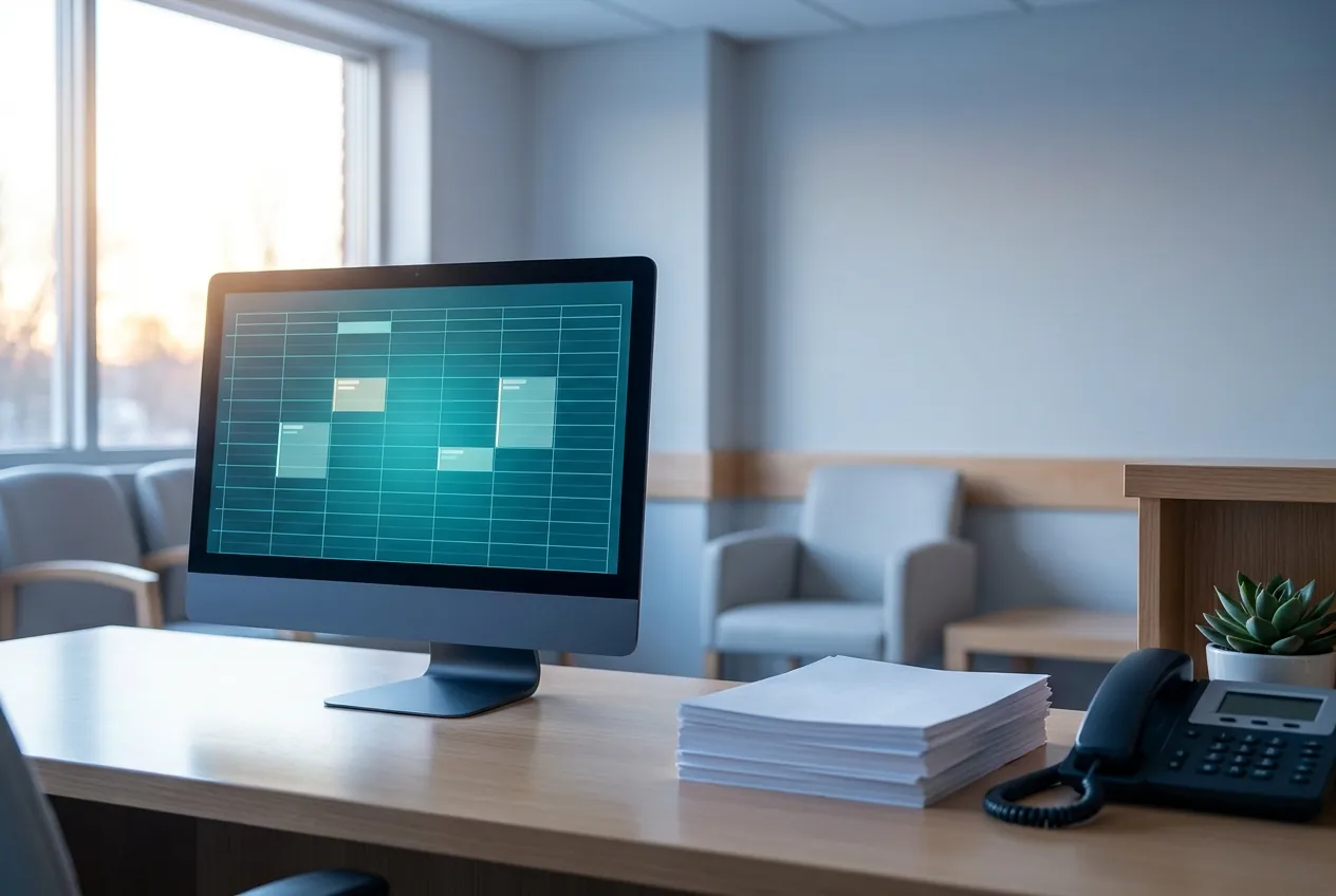 Modern medical practice front desk with a monitor showing a teal scheduling calendar, paper stack, and phone — clean uncluttered reception area