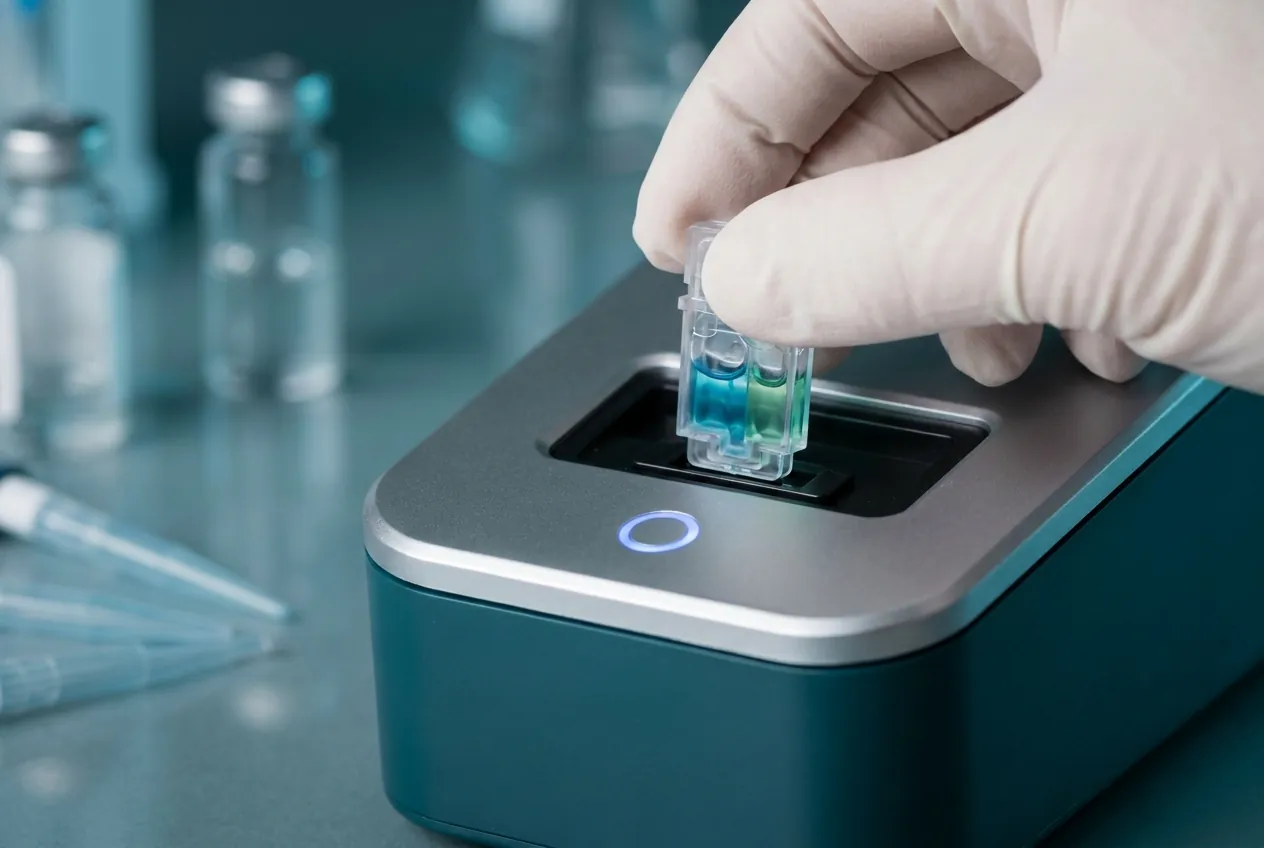 Compact molecular diagnostic instrument with a clear PCR cartridge being inserted, gloved hand visible