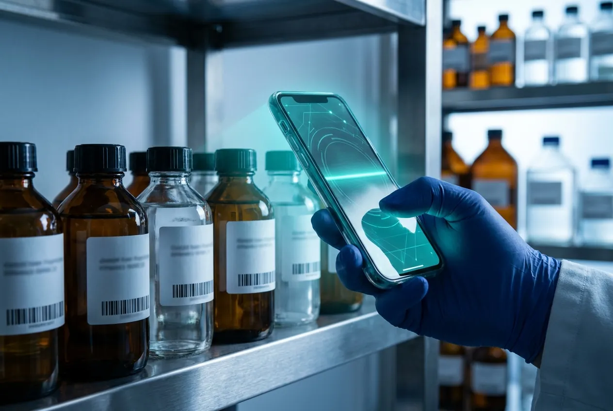 Gloved hand scanning a barcode on a labeled clinical reagent bottle with a smartphone, lab shelves of reagents in the background