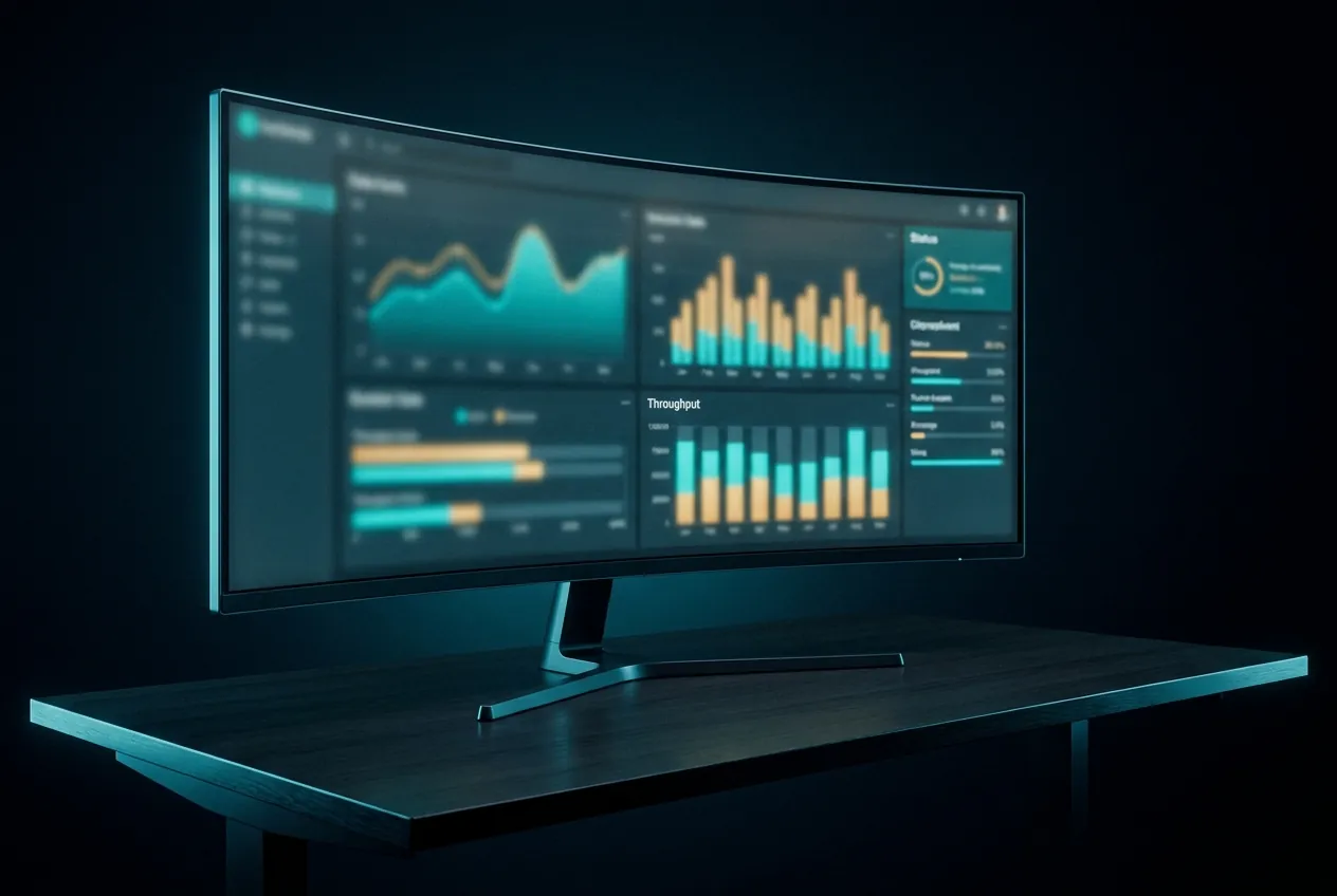Pro-LIMS dashboard on a curved monitor showing throughput, status, and revenue charts