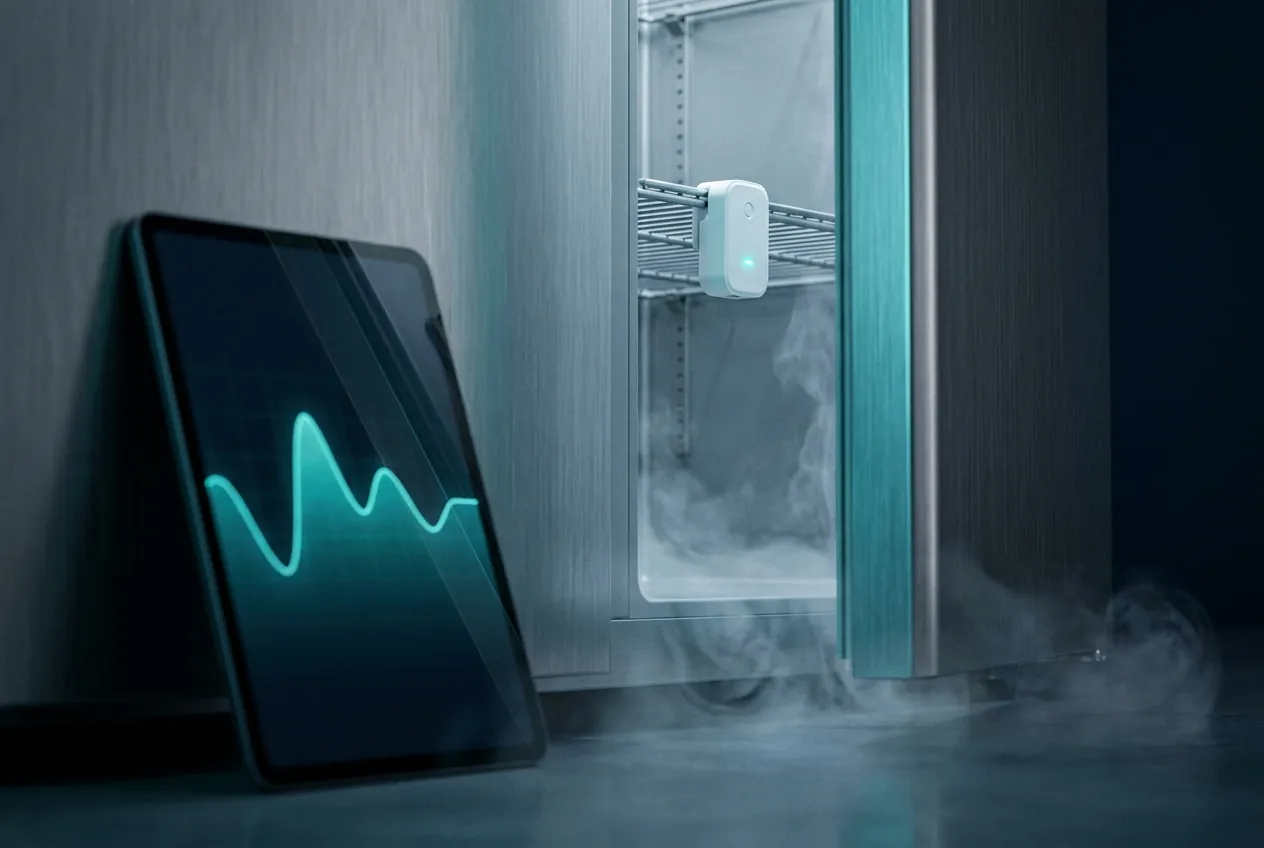 Wireless temperature sensor inside a lab-grade refrigerator with cold vapor; tablet in the foreground showing a teal temperature trend line