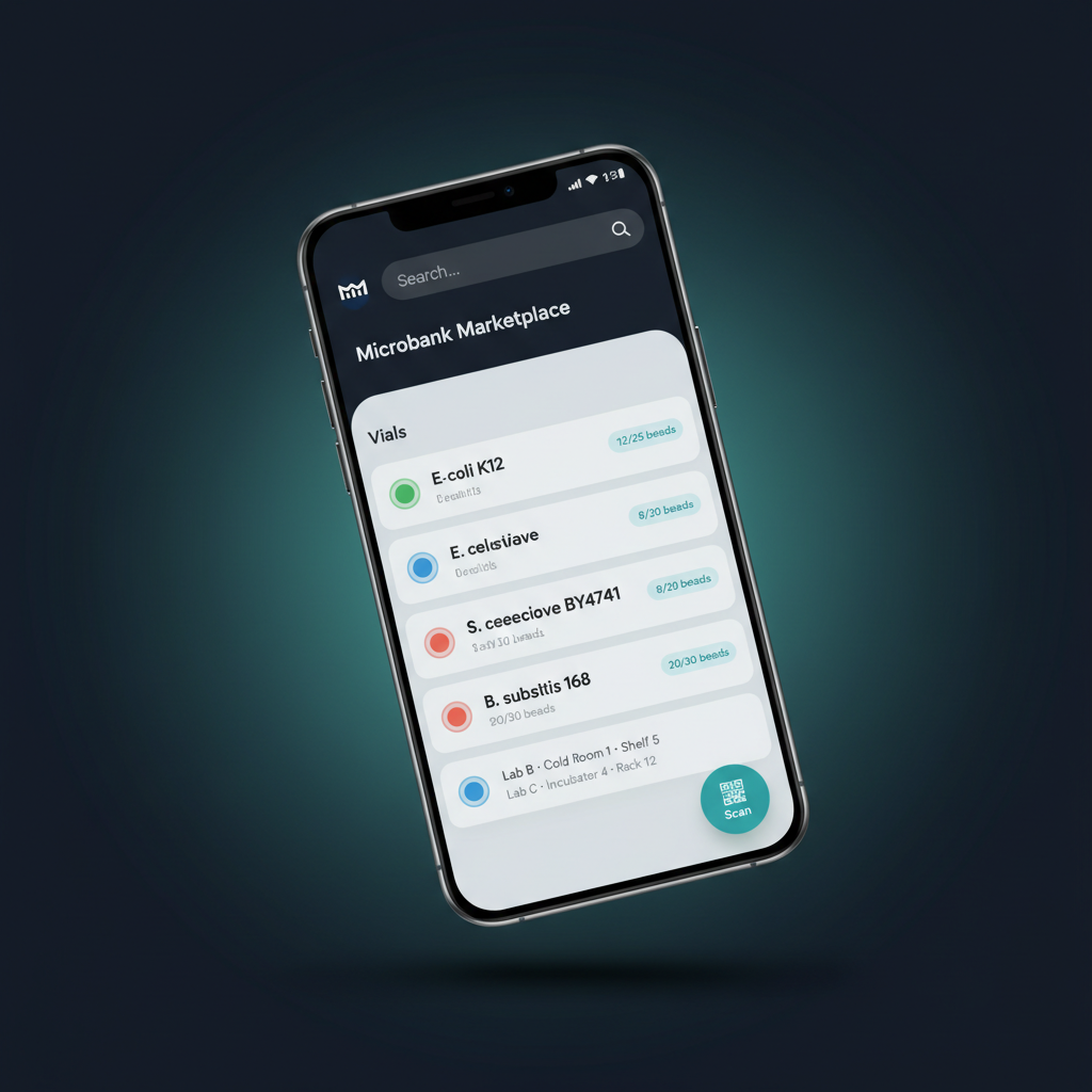 Microbank Marketplace mobile app showing vial inventory with bead counts