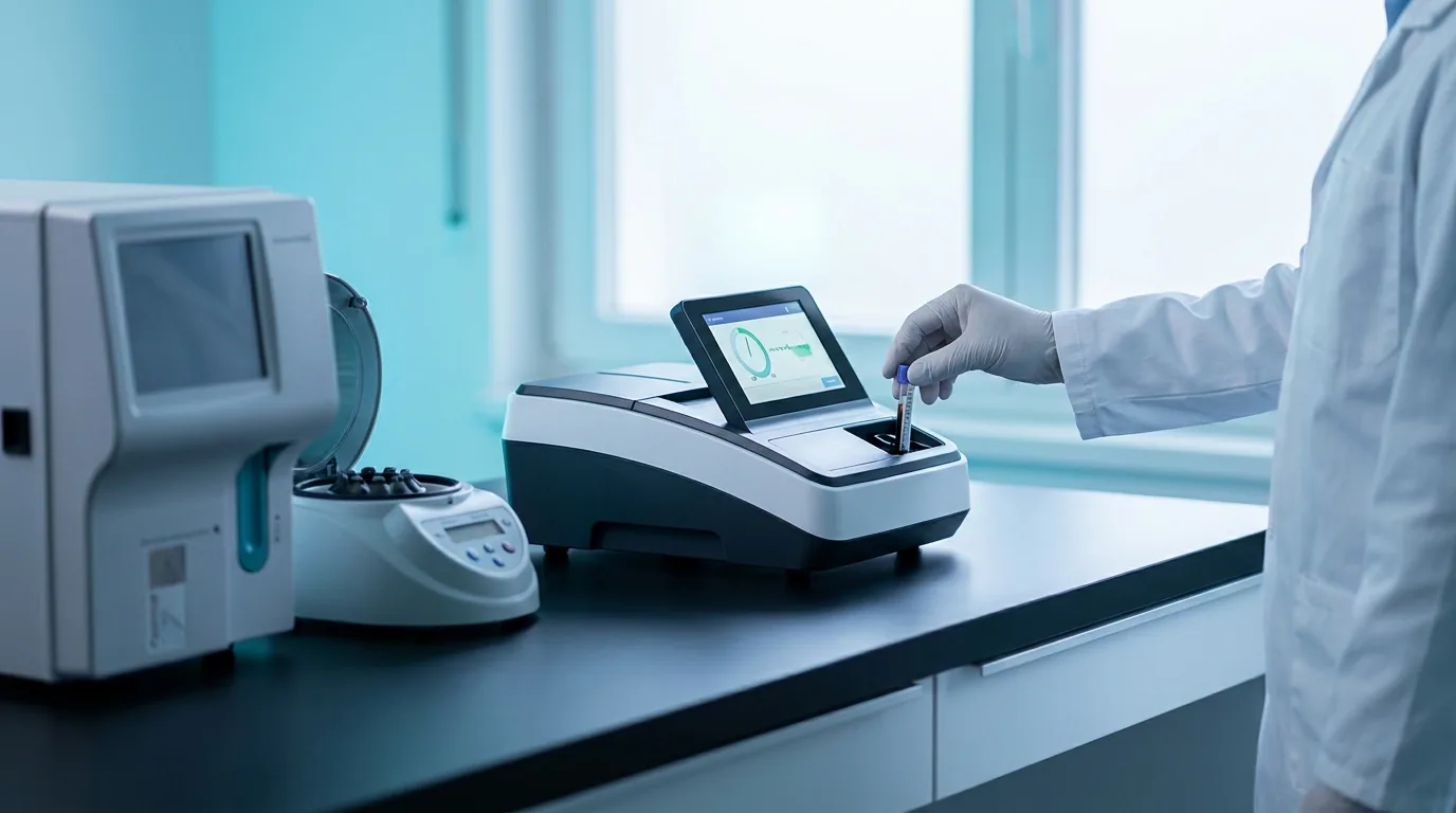 Modern physician office laboratory: chemistry analyzer with a gloved hand loading a sample tube