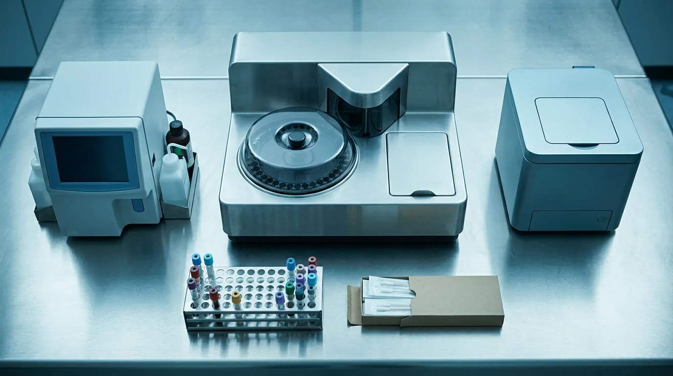 Pro-Lab supplied physician office laboratory instrumentation arranged on a stainless steel bench