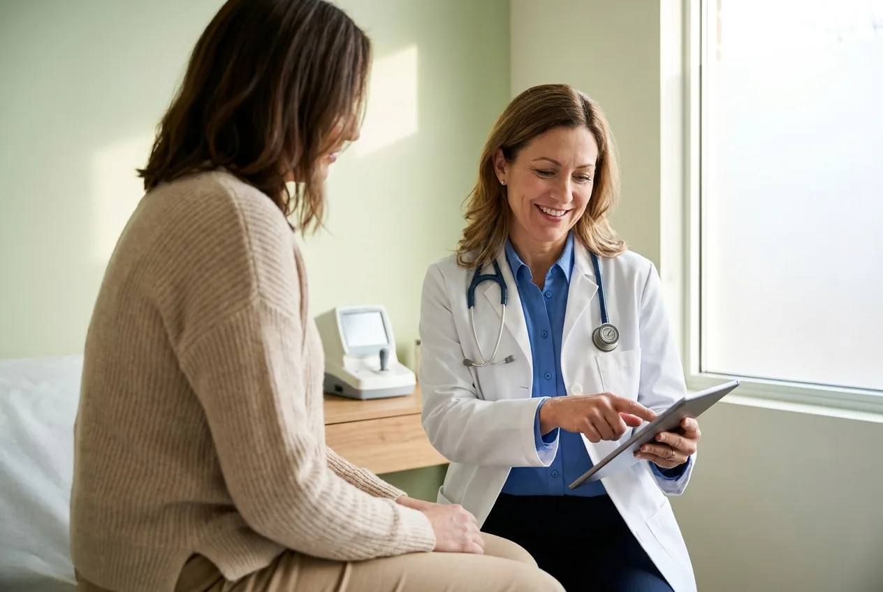 A primary-care physician reviews lab results with a patient in a calm, modern exam room