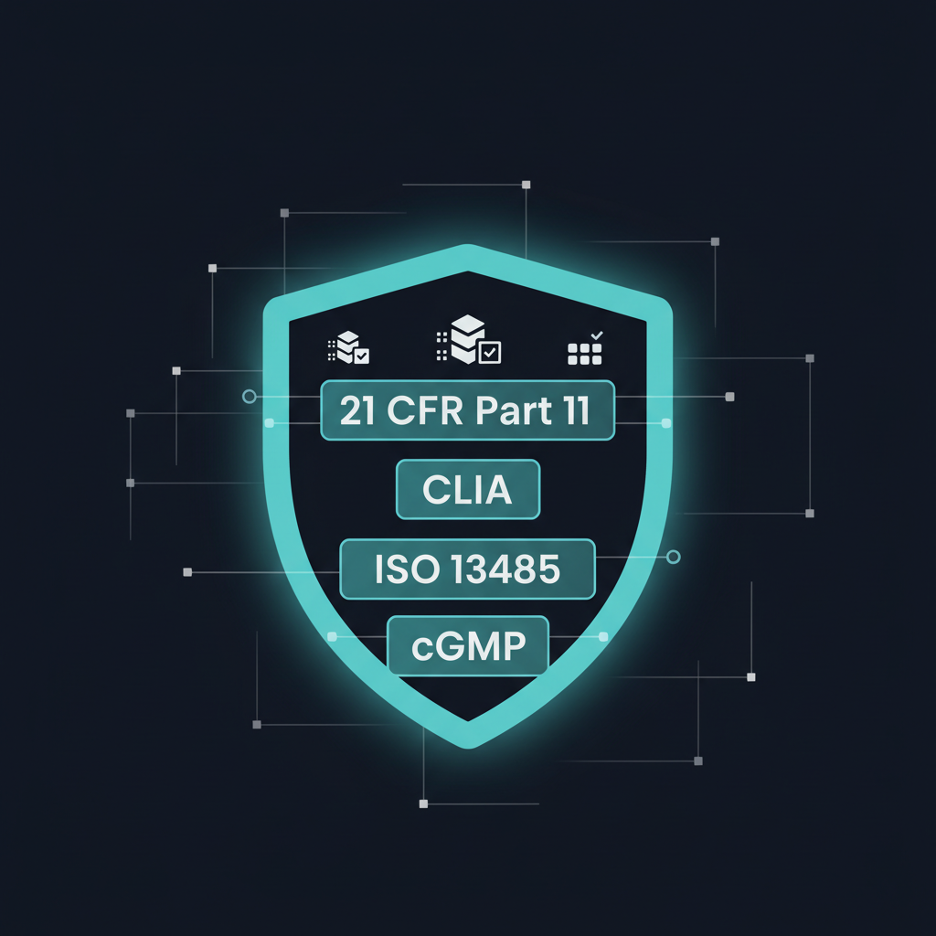 Pro-Temp compliance shield with 21 CFR Part 11, CLIA, ISO 13485, cGMP badges