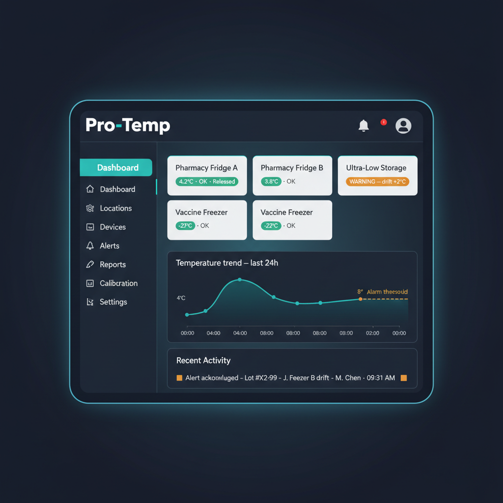 Pro-Temp dashboard showing fridge, freezer, and ultra-low device tiles with status pills and a real-time temperature trend chart